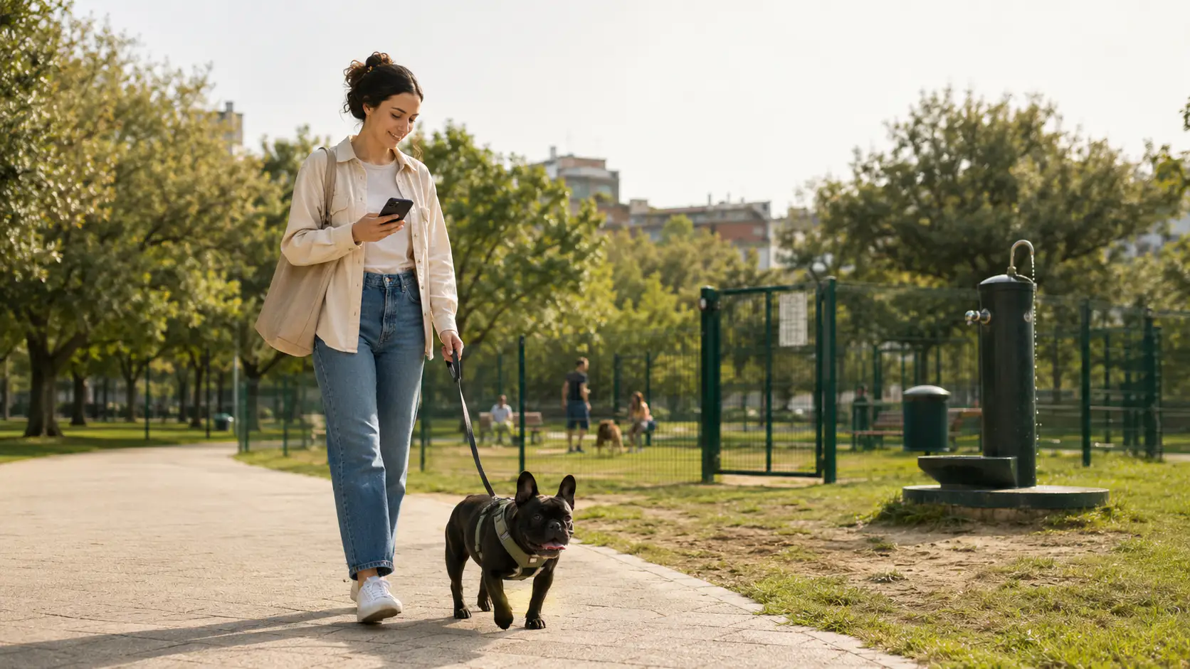 Persona che consulta ArcaMap durante una passeggiata con il cane vicino a una fontanella e a un'area cani