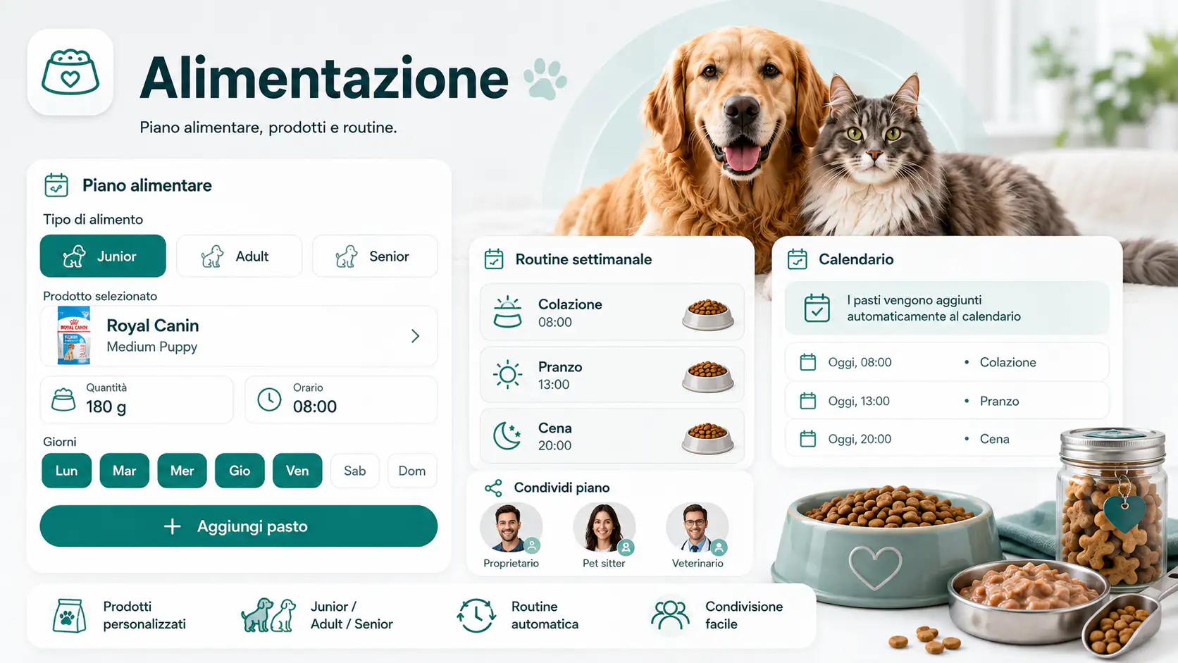 Area Alimentazione Pet Hub con prodotti, quantità, orari, routine settimanale e condivisione