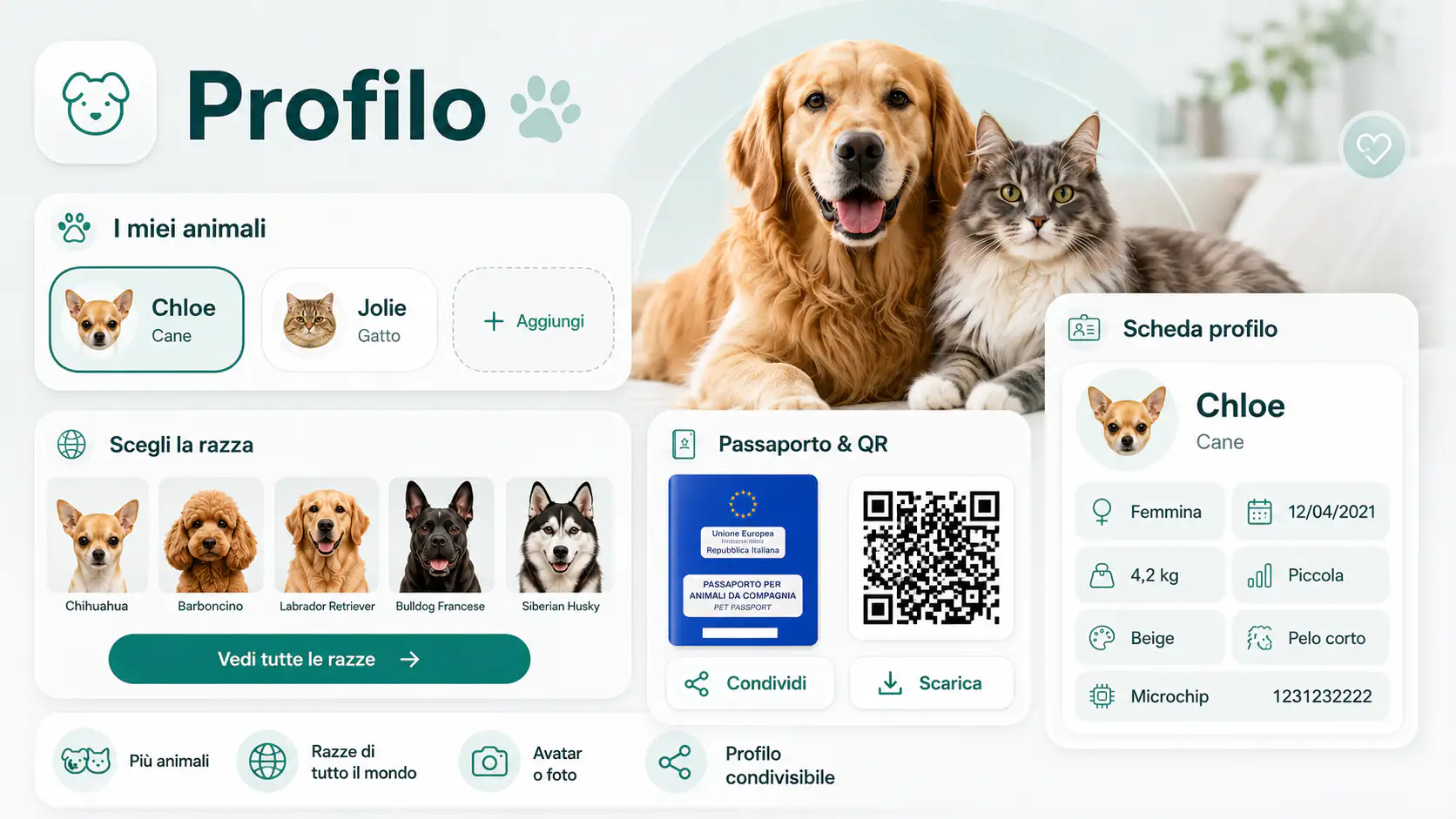 Profilo Pet Hub con più animali, razze, avatar, dati anagrafici, passaporto e QR Code