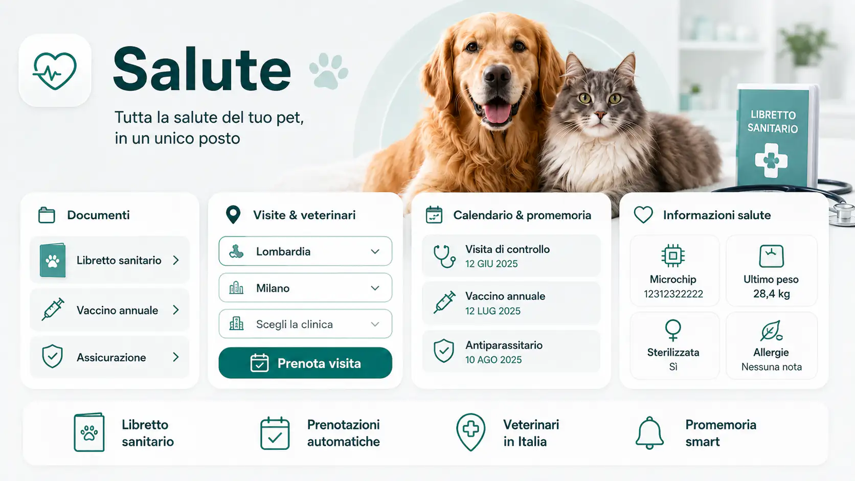 Area Salute Pet Hub con libretto sanitario, veterinari, visite, calendario e promemoria