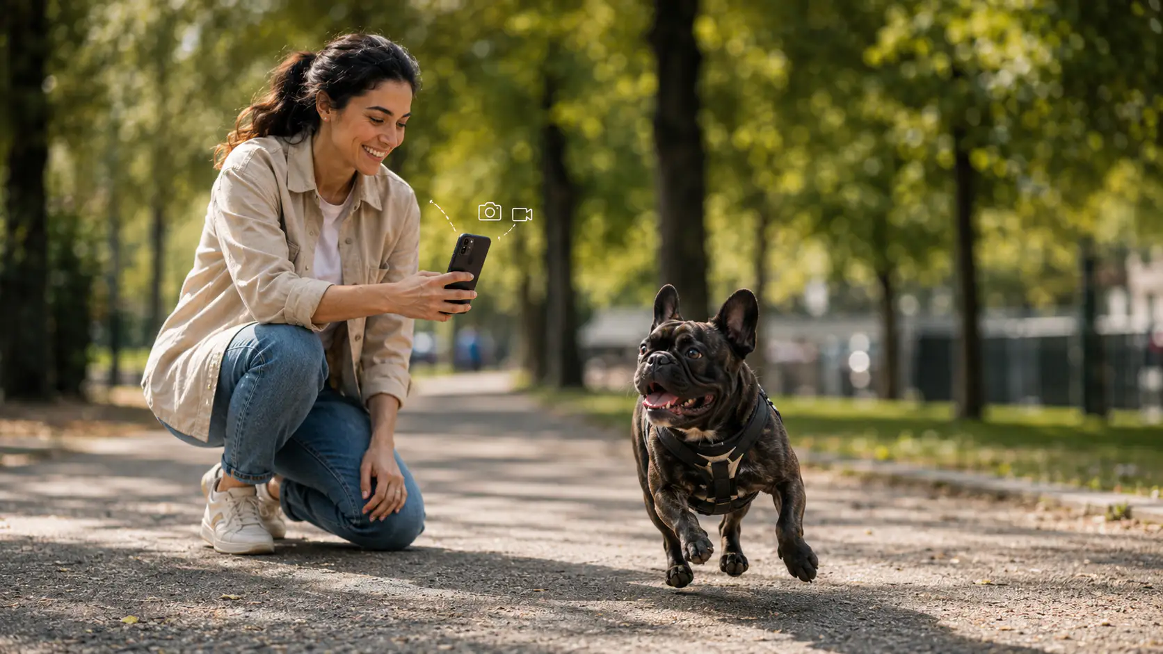 Sitter che scatta una foto e un video del cane durante il servizio