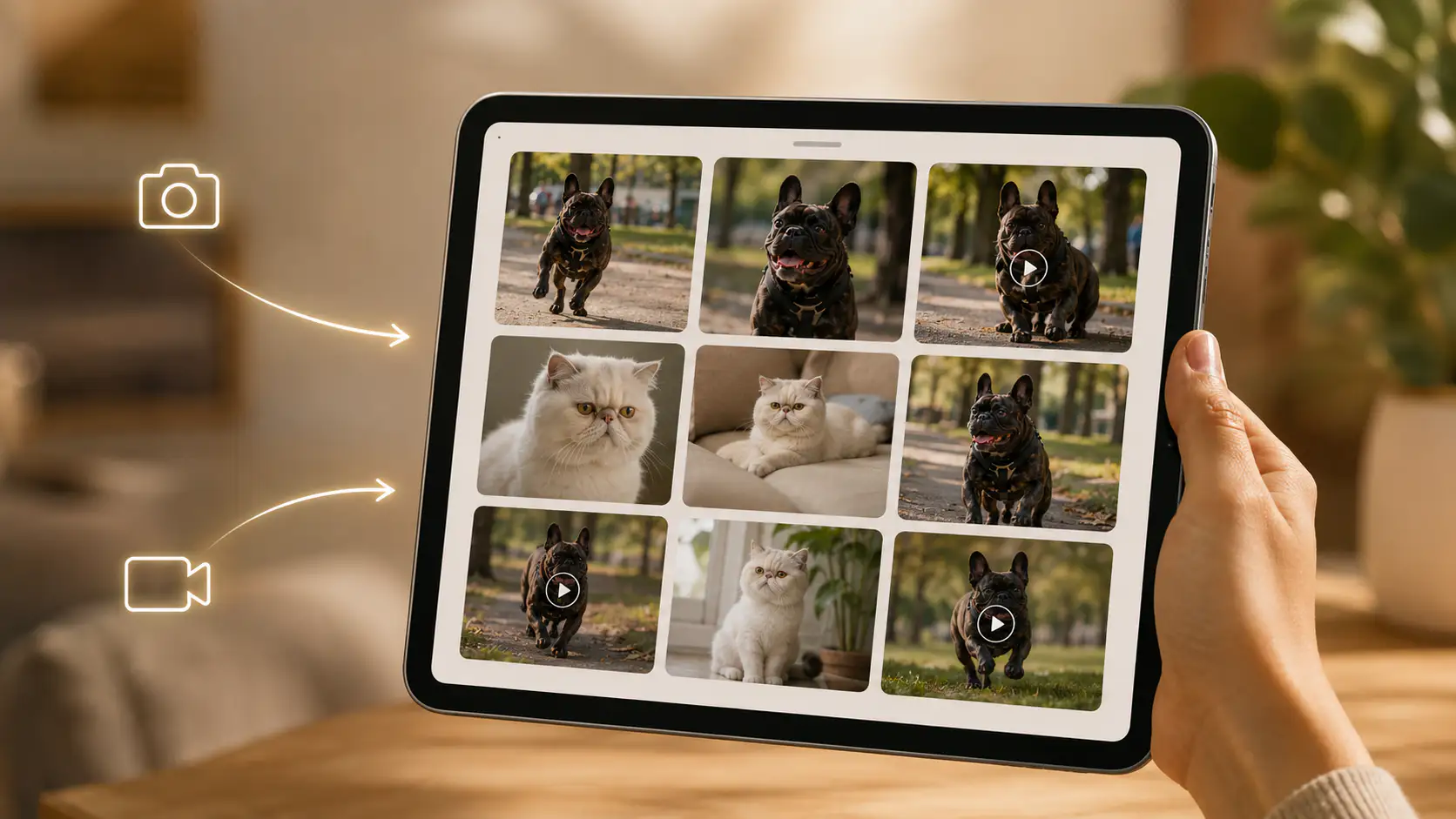 Tablet che mostra la griglia ordinata di foto e video raccolti in ArcaMedia