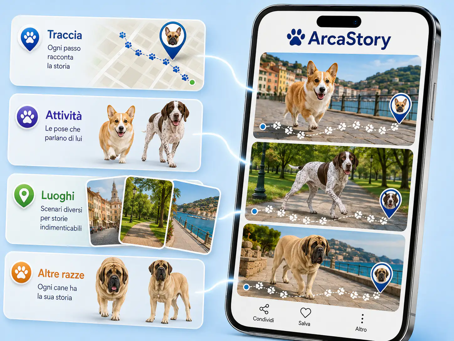 Passeggiata con il pet arricchita da traccia, attività, foto e video per creare una storia