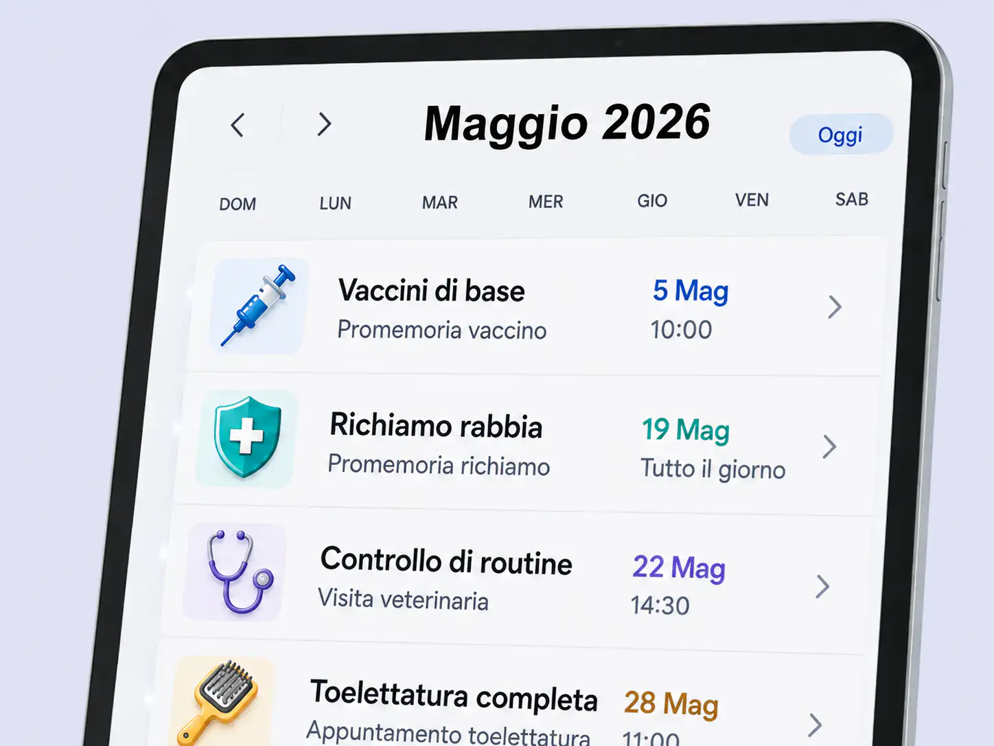 Promemoria di vaccini, richiami, visite e toelettatura del pet
