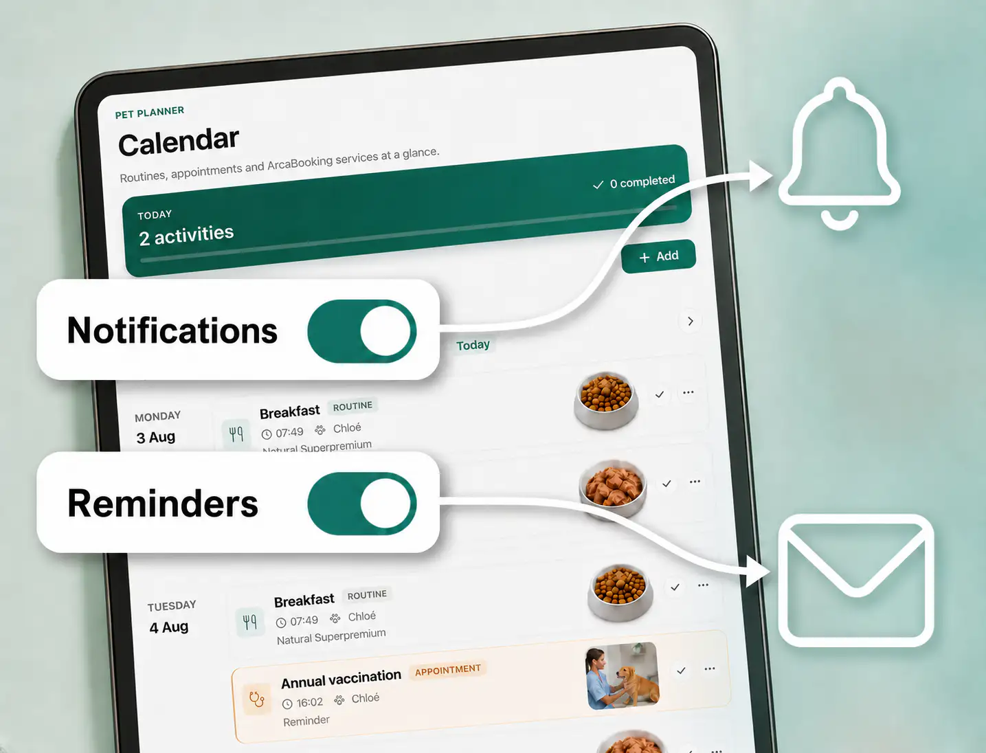 ArcaBooking Calendar with pet routines, appointments and services