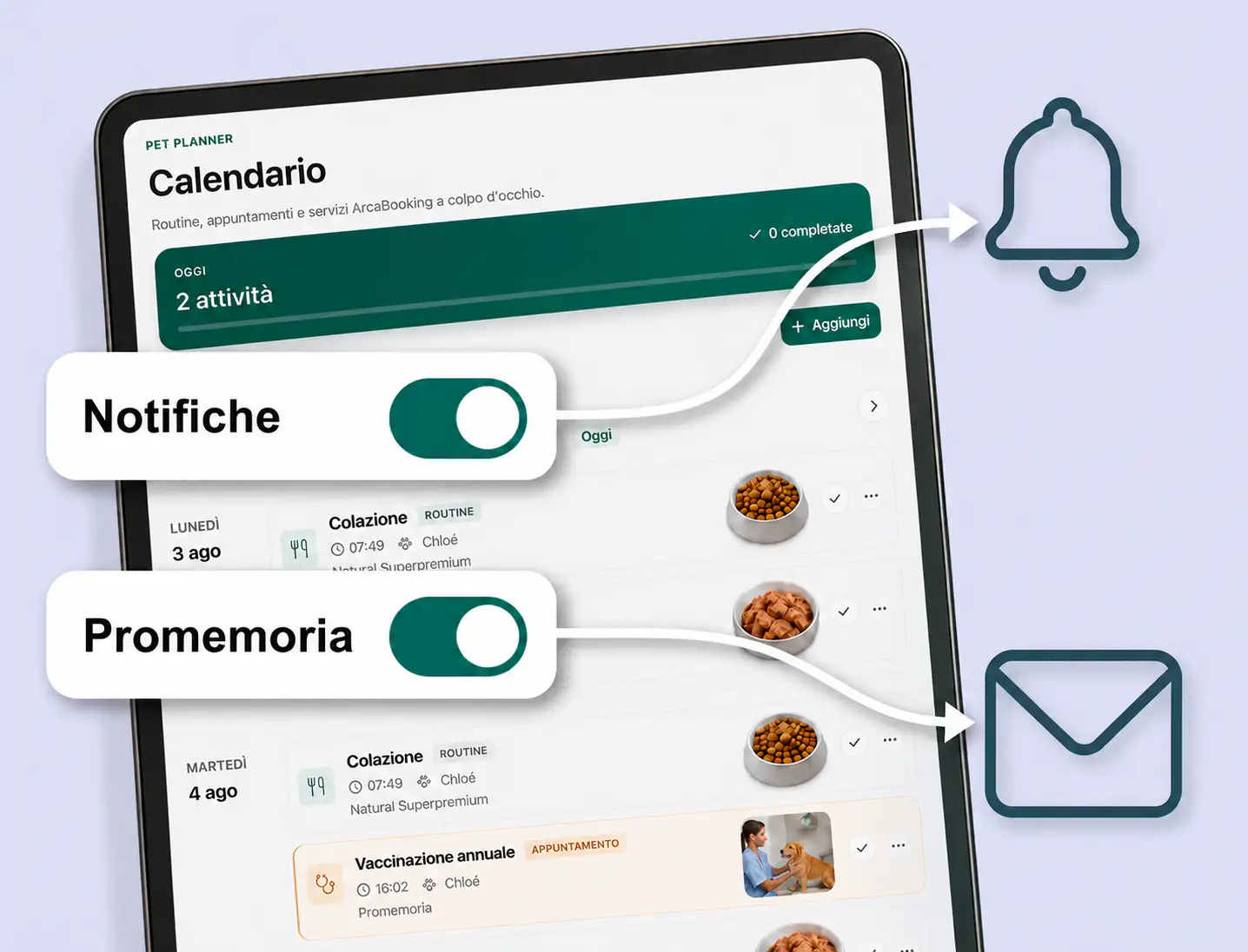 Calendario ArcaBooking con routine, appuntamenti e servizi del pet