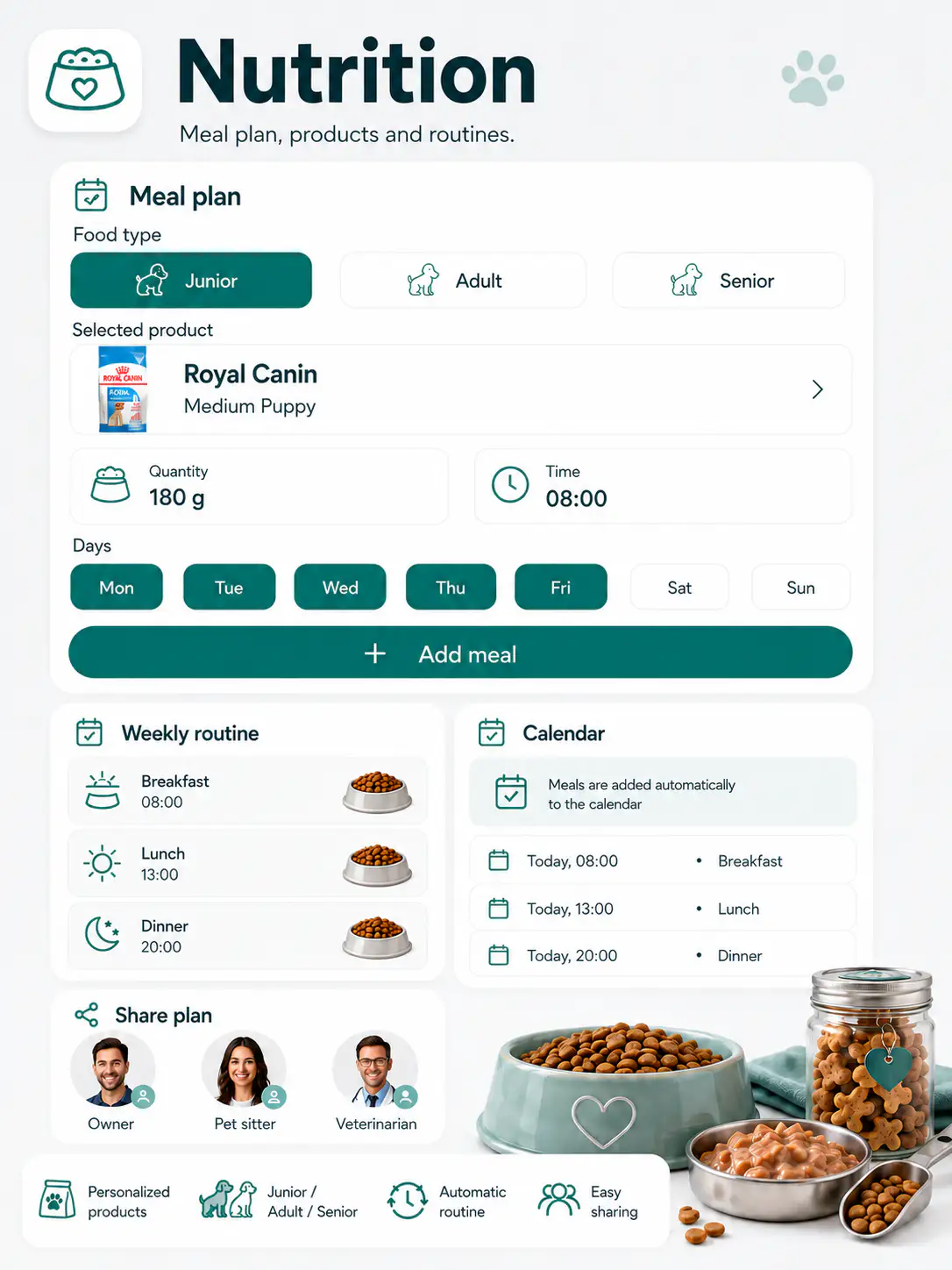 Pet Hub Food area with products, quantities, times, weekly routine and sharing