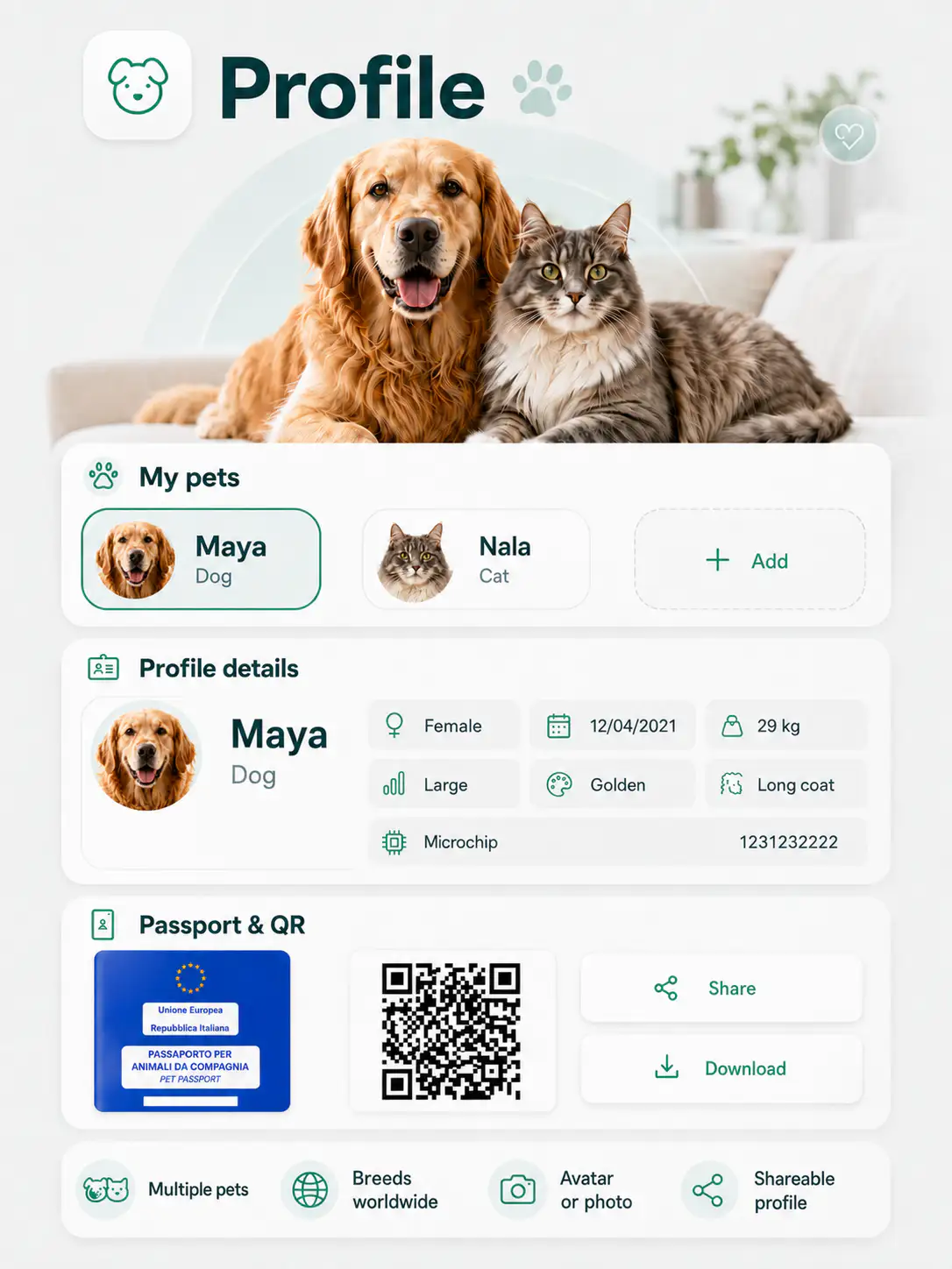 Pet Hub profile with multiple pets, breeds, avatars, personal details, passport and QR code
