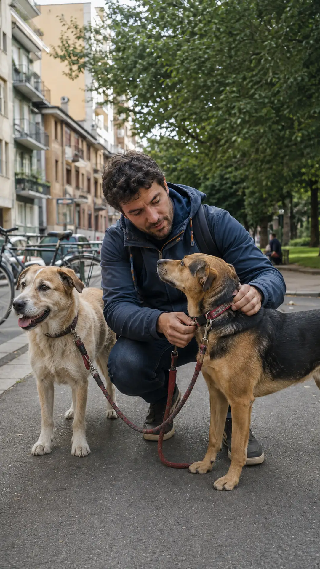 Pet sitter con due cani durante una passeggiata in città