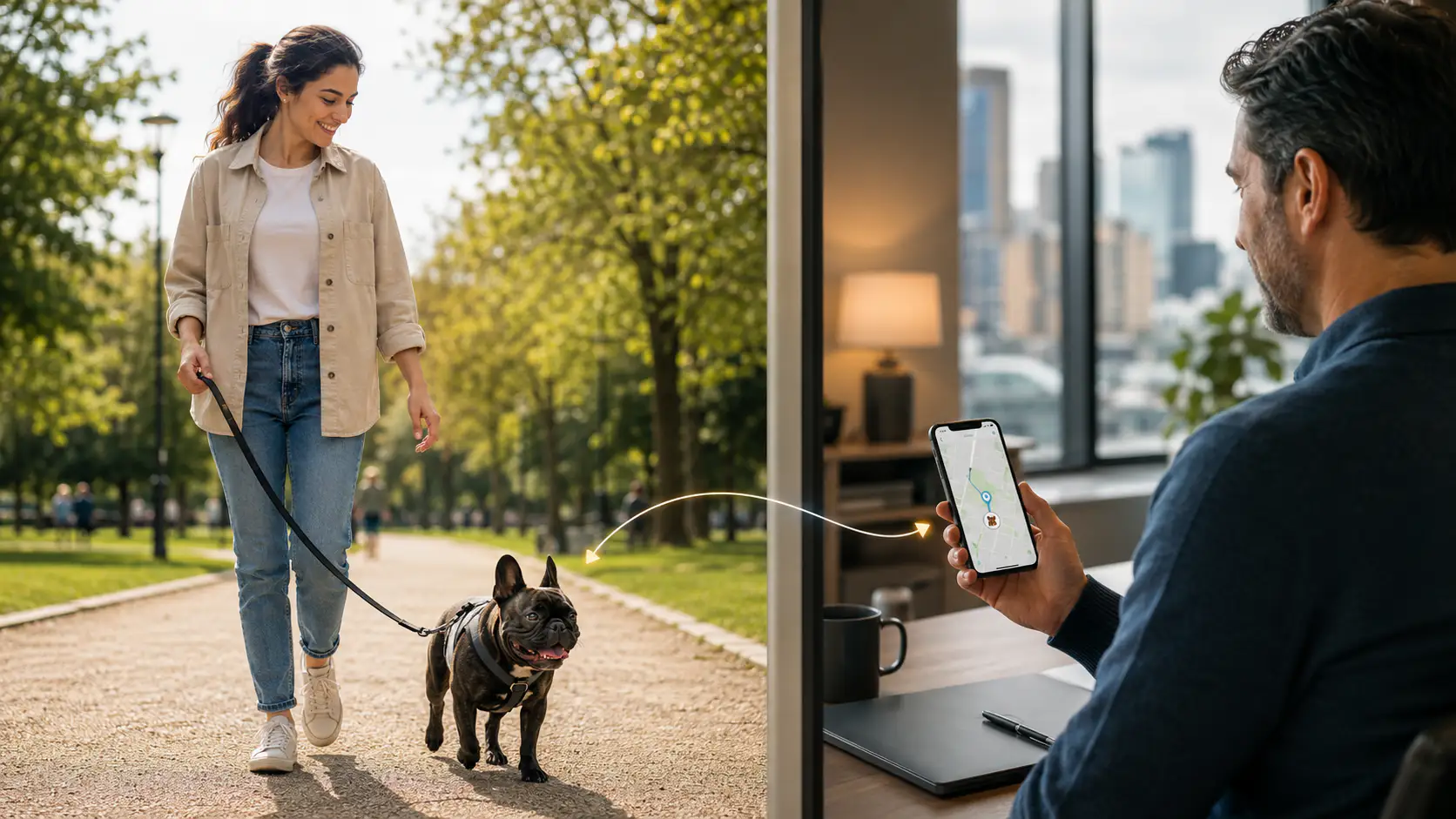 Proprietario che segue la passeggiata del proprio cane a distanza dallo smartphone