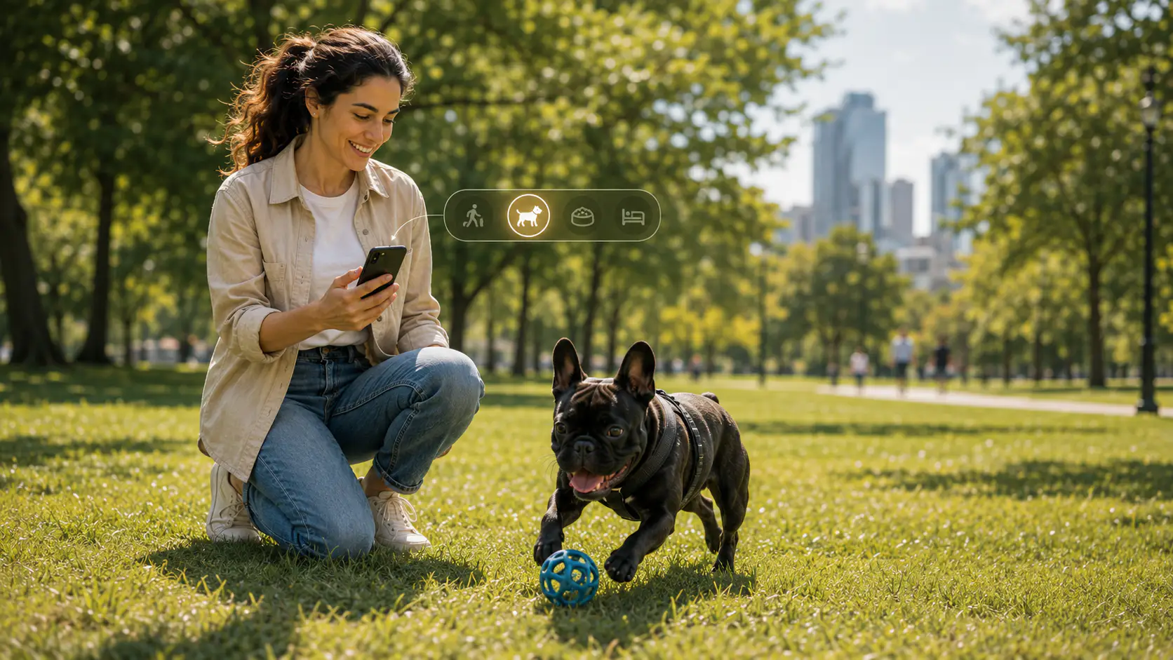 Sitter che mostra sullo smartphone le attività del cane durante la passeggiata